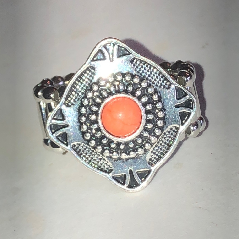 Silver Tone Ring with Orange Faux Stone Accent
